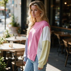 Long sleeve top in striped patchwork with pink sodium stitching