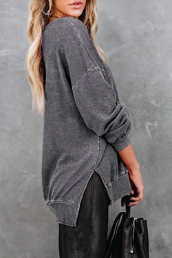 Grey waffle knit sweater top with side slit