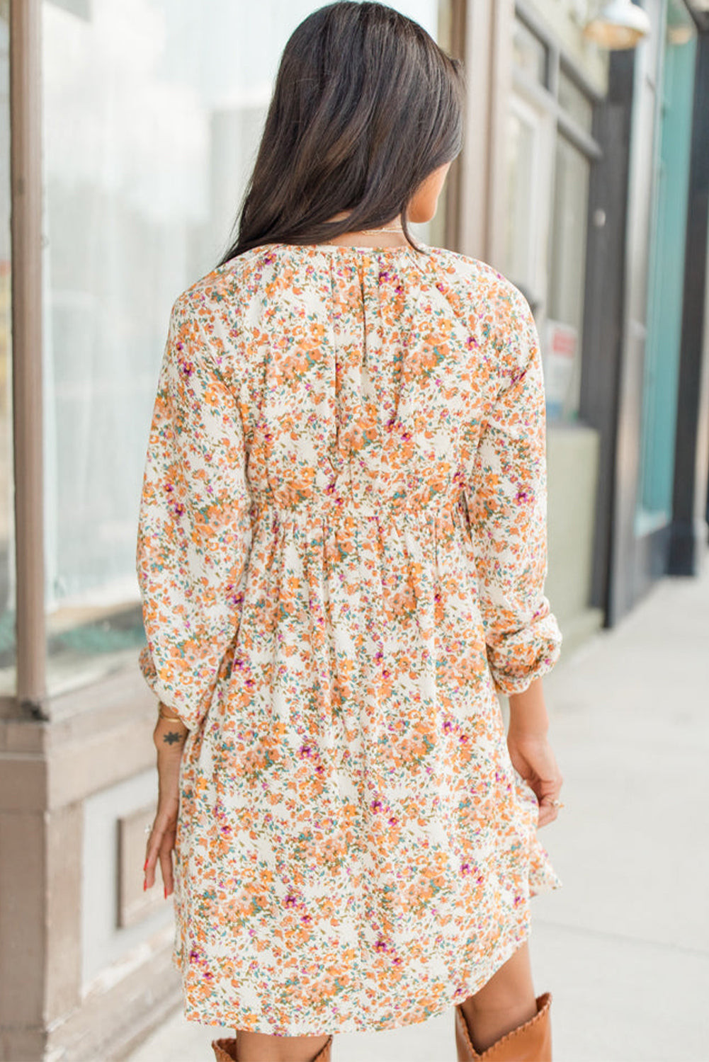 Yellow Floral V-Neck Ruffle Empire Waist Long Sleeve Boho Mini Dress