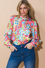 Chemise décontractée à manches longues imprimée abstraite multicolore-A WOMAN WE LOVE