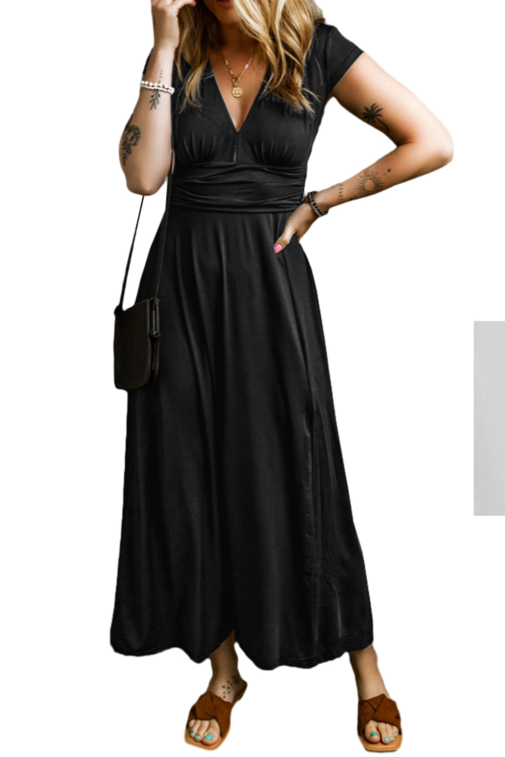 Black Short Sleeve Cherred High Taist V Cou cou Maxi Robe