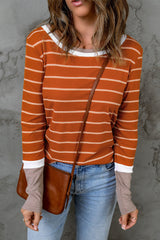 Extend Brown Ribbed Knit Striped Sweater with Color Block Cuffs