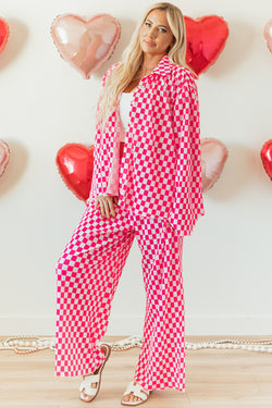 Ensemble pyjama chemise boutonnée à carreaux rose et pantalon taille haute