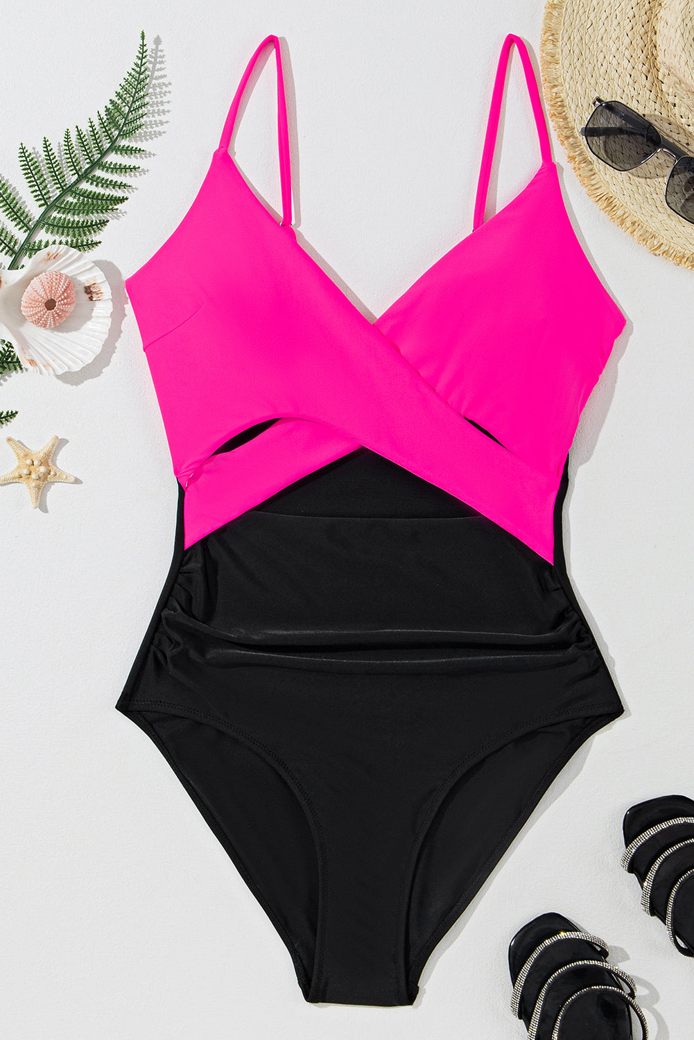 Rose Red Crossover Colorblock Cutout One Piece Swimsuit