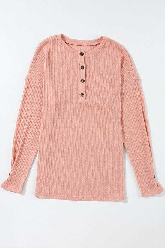 Rose Tan - Ribbed Textured Henley Knit Top