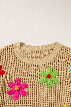 Suéter de trabajo abierto con flores de crochet beige *