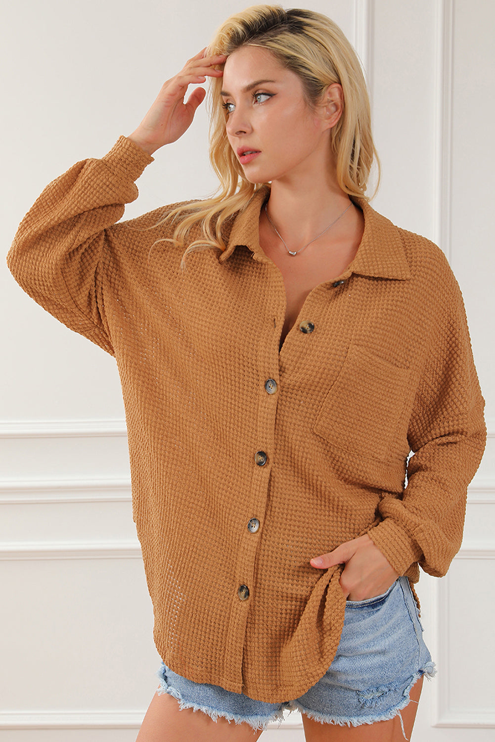 Camicia casual a maglia waffle marrone