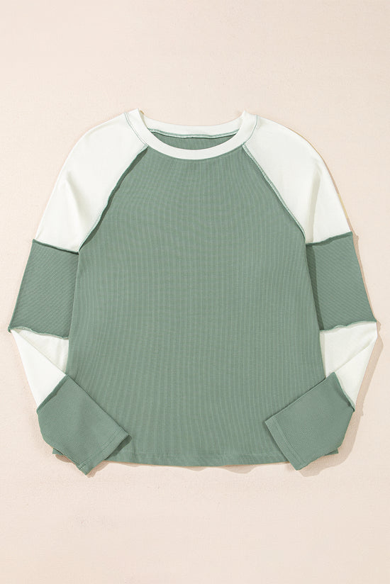 Mint Green Color Block Patchwork Ribbed Raglan Long Sleeve Top