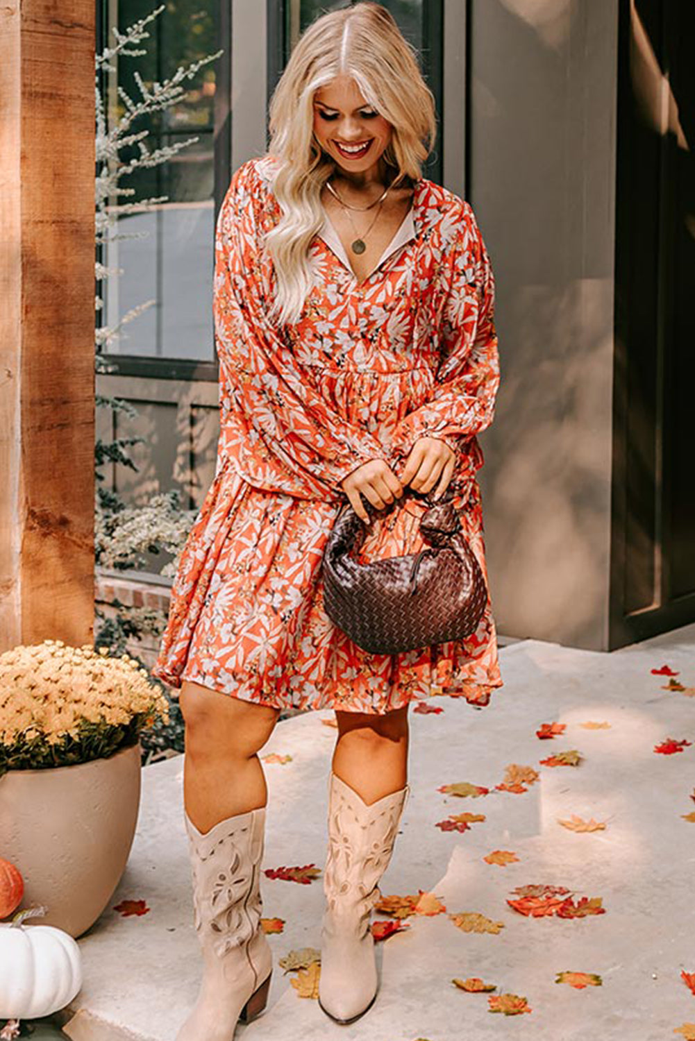 Mid-length orange dress with floral print, large size *