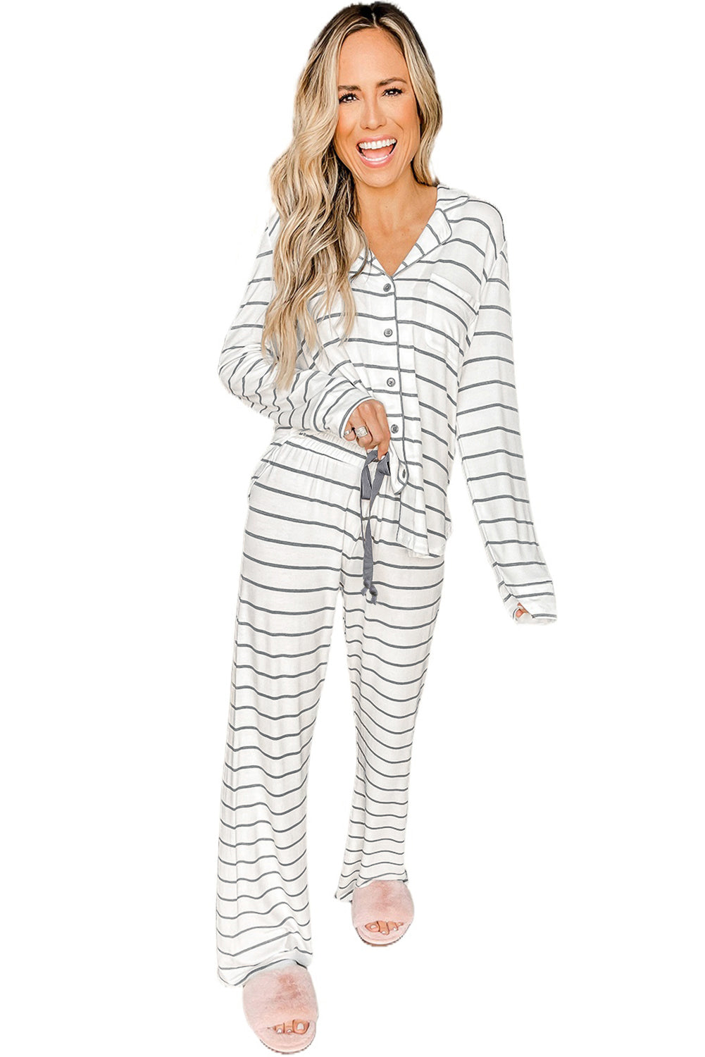 Striped Print Long Sleeve und Hosen -Pyjama -Set