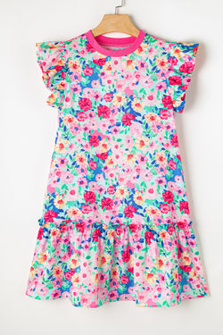 Multicolored floral print ruffled mini dress with flutter sleeves