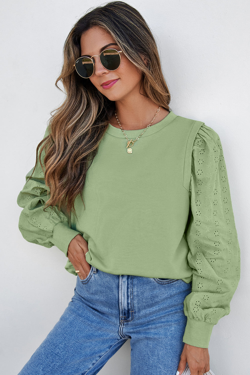 Mist Green Solid Patchwork Ärmel rundes Nacken -Sweatshirt