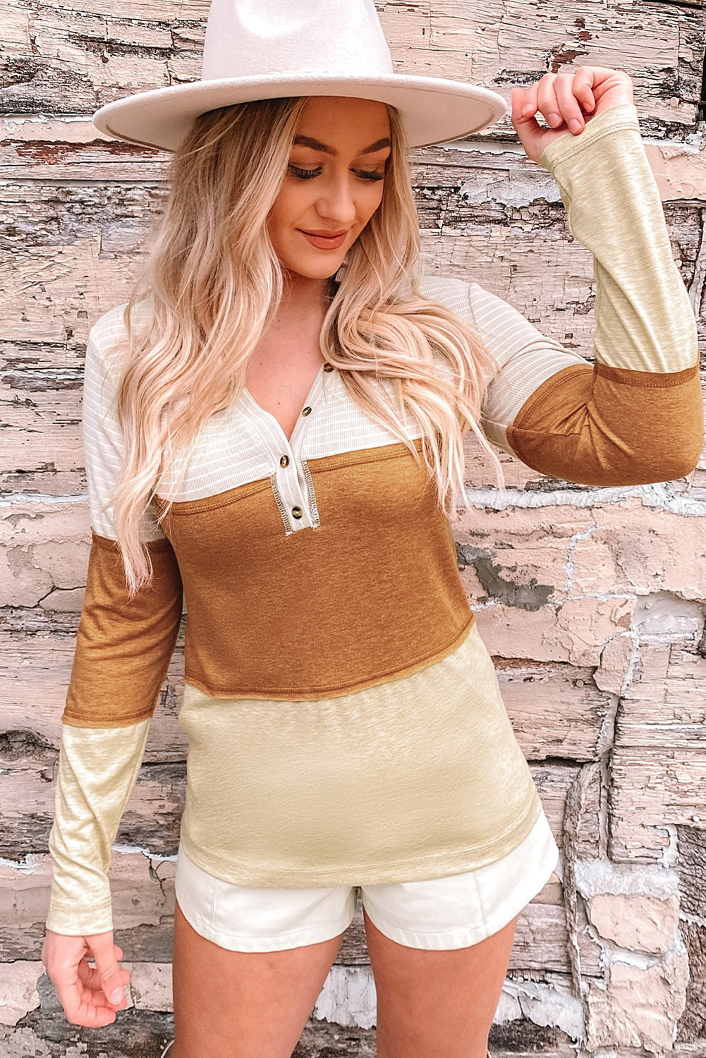 Orange Color Block Striped Henley Top