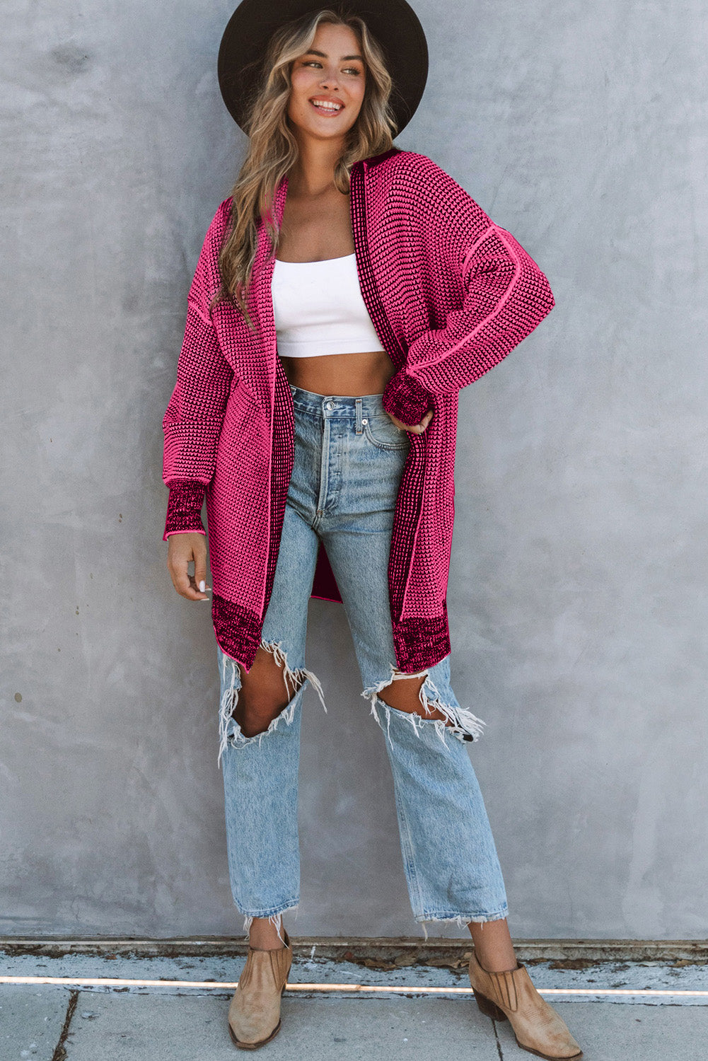 Rose Plaid a maglia a maglia con cardigan anteriore aperto lungo