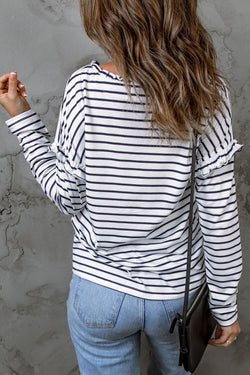 White Striped Print Ruffle Buttoned Long Sleeve Top