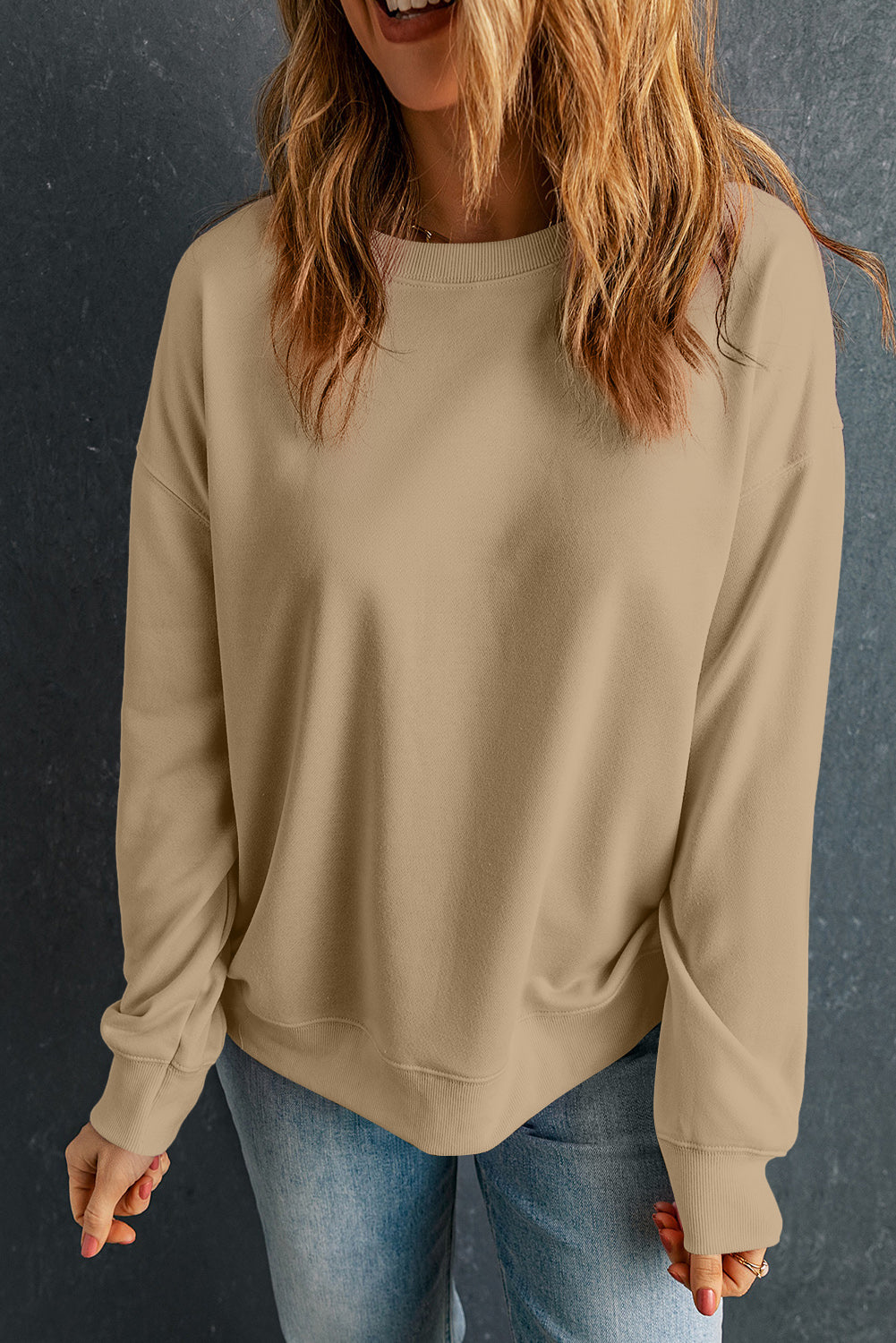 Khaki Solid Classic Crewneck Pullover Felpa