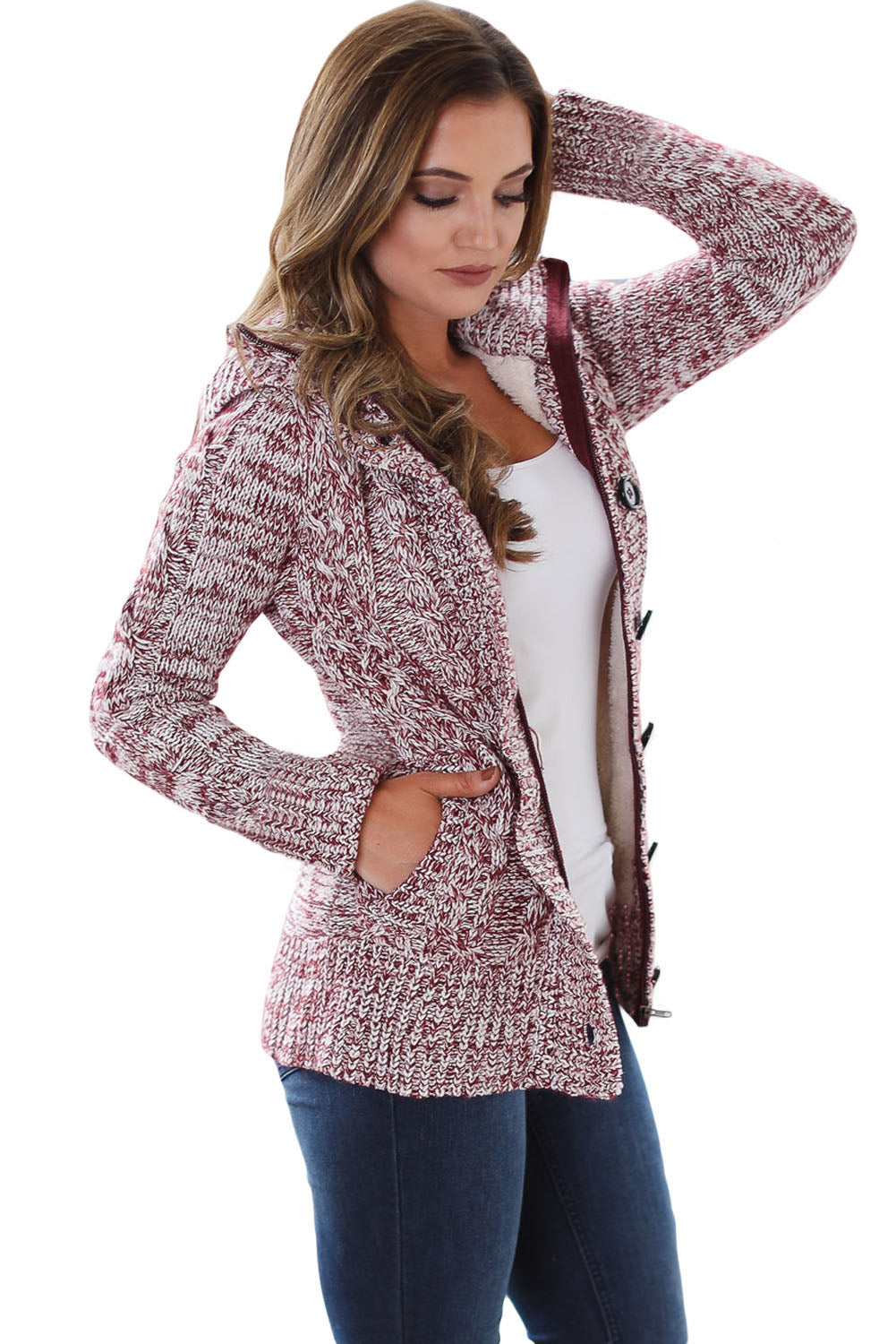 Bright Red Long Sleeve Button Down Hooded Cardigans