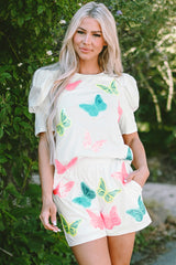 Ensemble haut et short à manches bouffantes et papillon à paillettes colorées blanches-A WOMAN WE LOVE