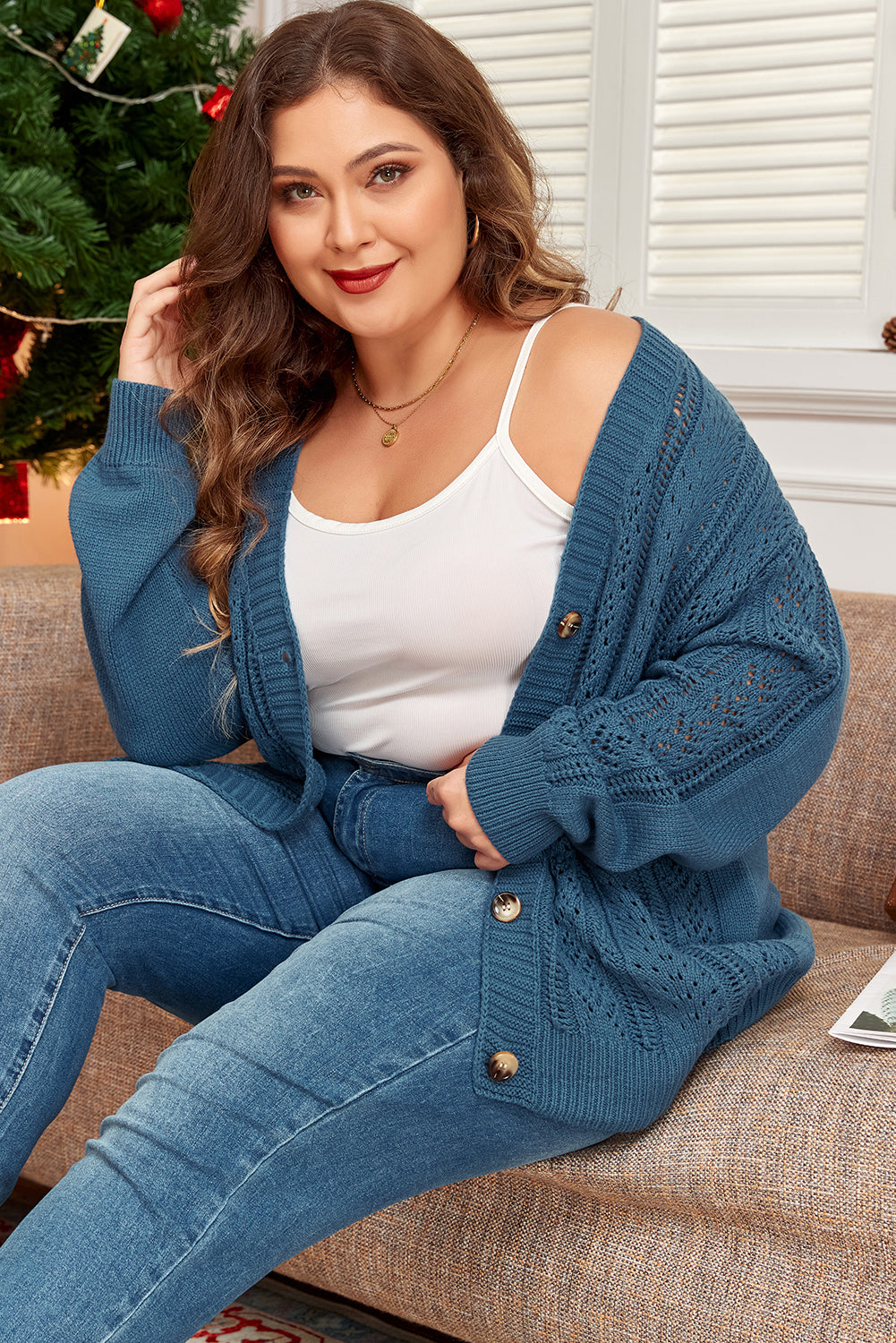 Open Knit Cardigan with V-Neck and Button Front, Dropped Shoulders, Plus Size, Teal