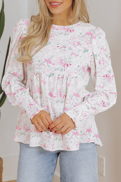 Babydoll pink blouse with floral print and frozen balloon sleeves with lock hole on the back