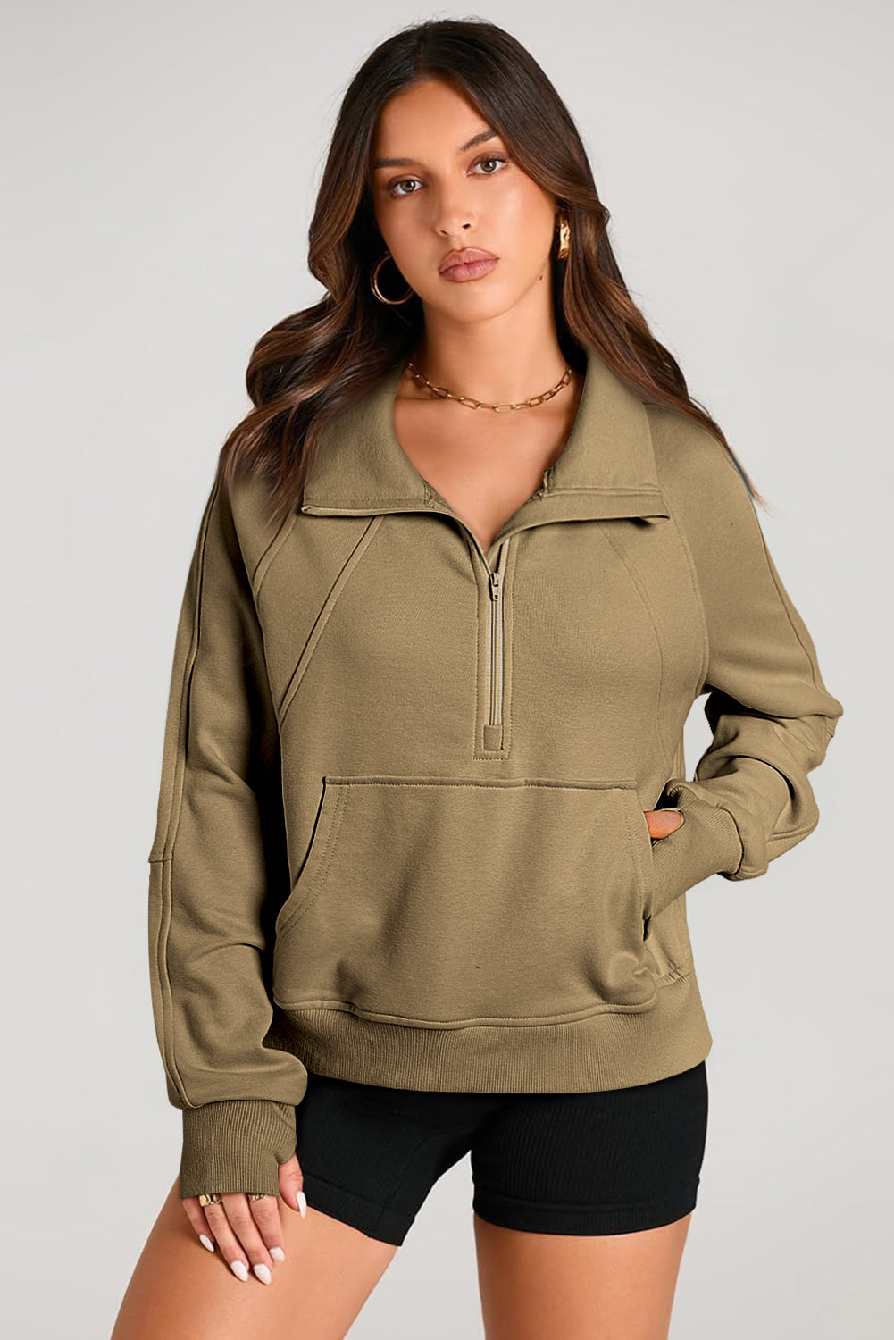 Brown Quarter Zip Stand Neck Kangaroo Pocket Sweinshirt