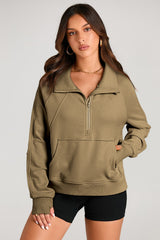 Brown sweatshirt with stand-up collar and kangaroo pocket with quarter-turn zip