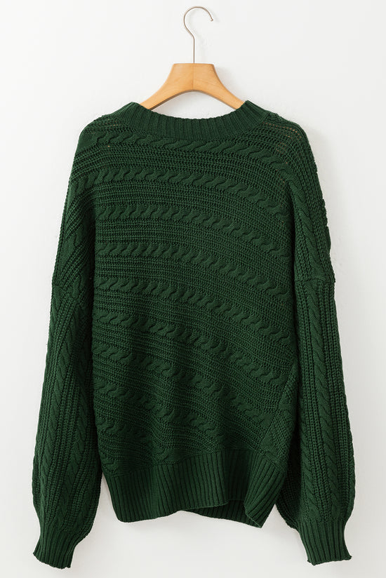 Blackish Green Lantern Sleeve Cable Knit Sweater with High Neck