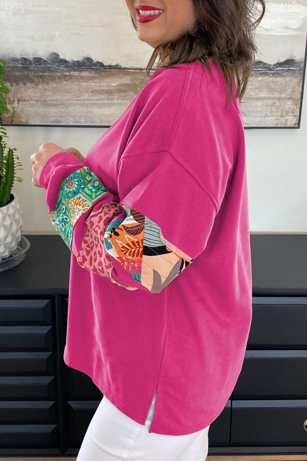 Plus Size Rose Red Printed Patchwork Sleeve Split Sweatshirt