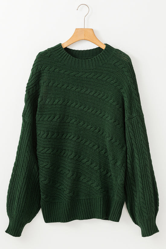 Blackish Green Lantern Sleeve Cable Knit Sweater with High Neck