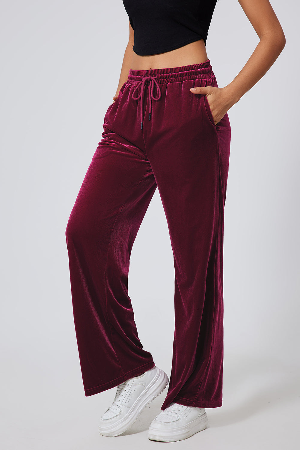 Pantalon large bordeaux uni à taille avec cordon de serrage