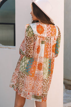 Orange Paisley Bohemian Style Mixed Print 3/4 Sleeve Loose Chiffon Dress