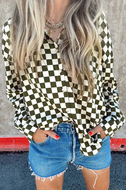 Ample -printed lady -like shirt with green shoulder checkered