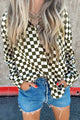 Ample -printed lady -like shirt with green shoulder checkered