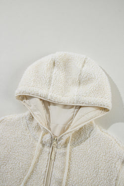 Beige fleece jacket with zipper and drawstring and hooded pockets