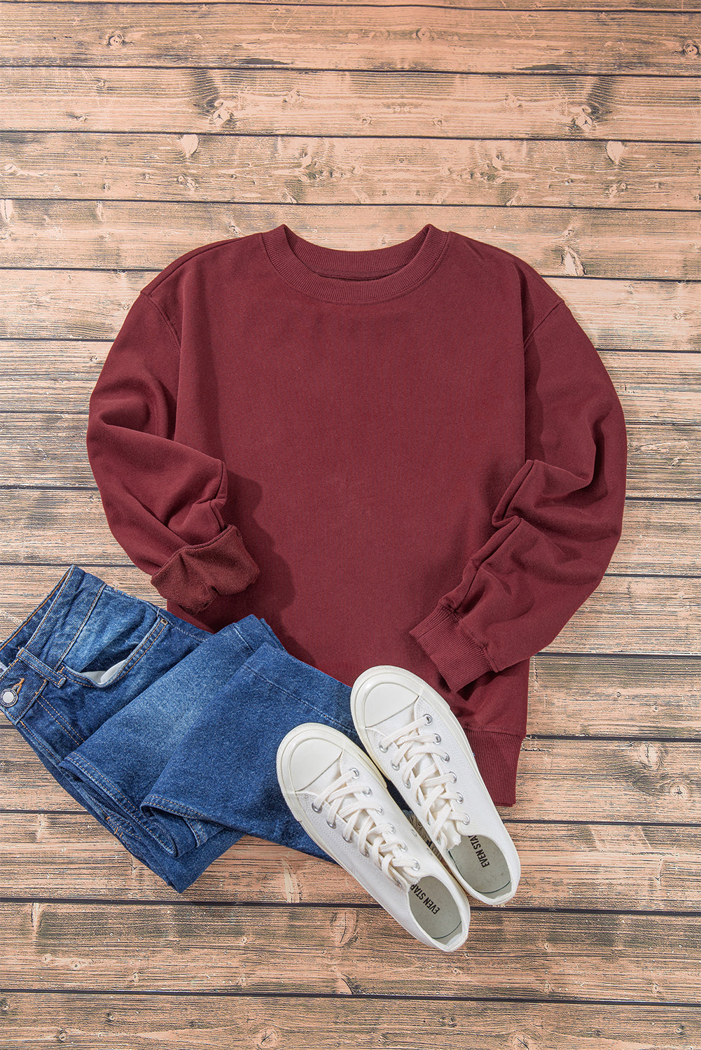 Sweat-shirt bordeaux uni à épaules tombantes et col rond