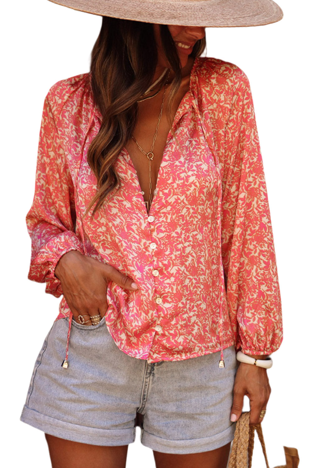 Chemise florale à manches à bulles roses avec lacets