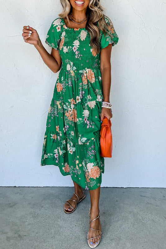 Green Floral Print Tiered Smocked Midi Dress