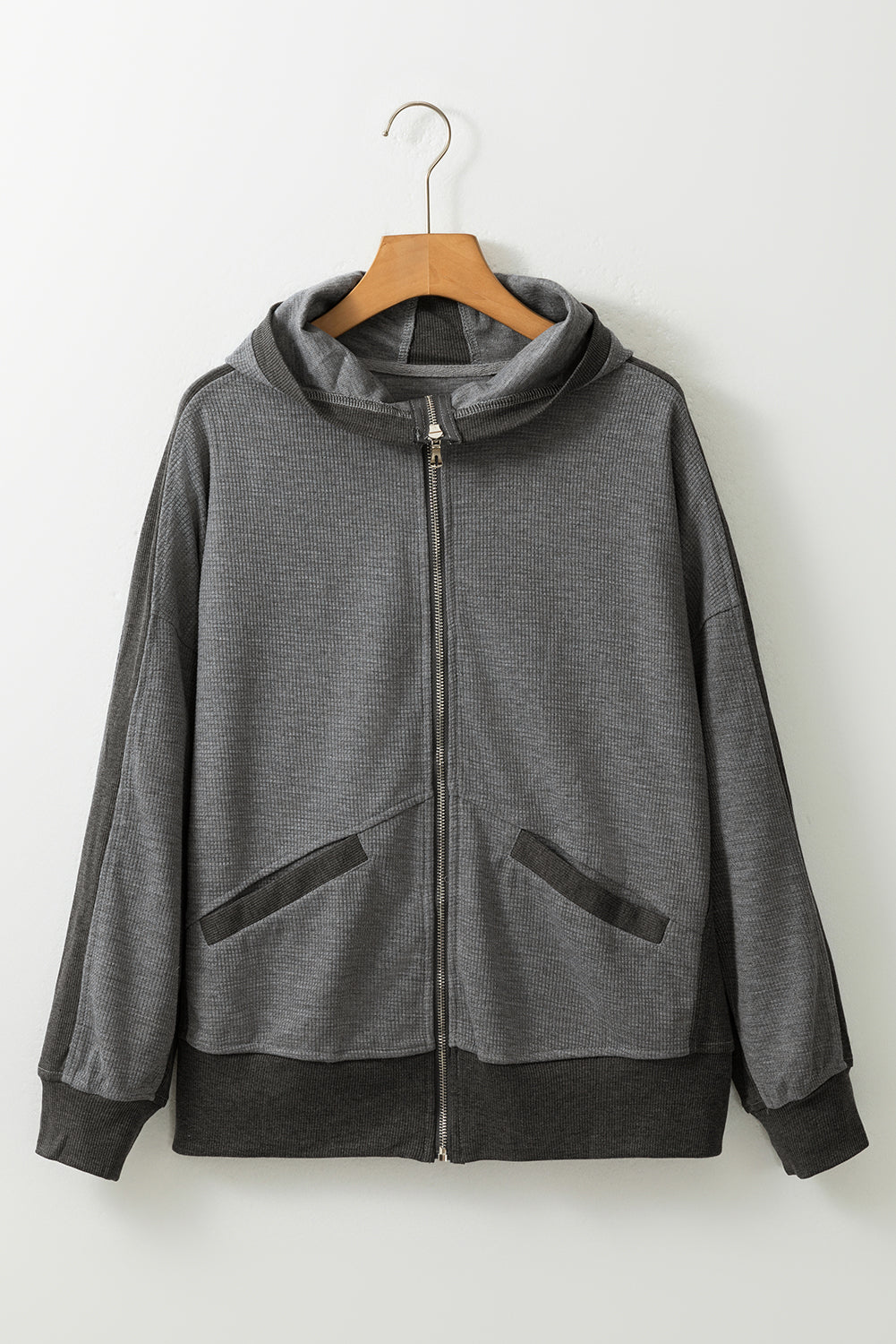 Grey Thermal Waffle Knit Hooded Jacket with Full Zip