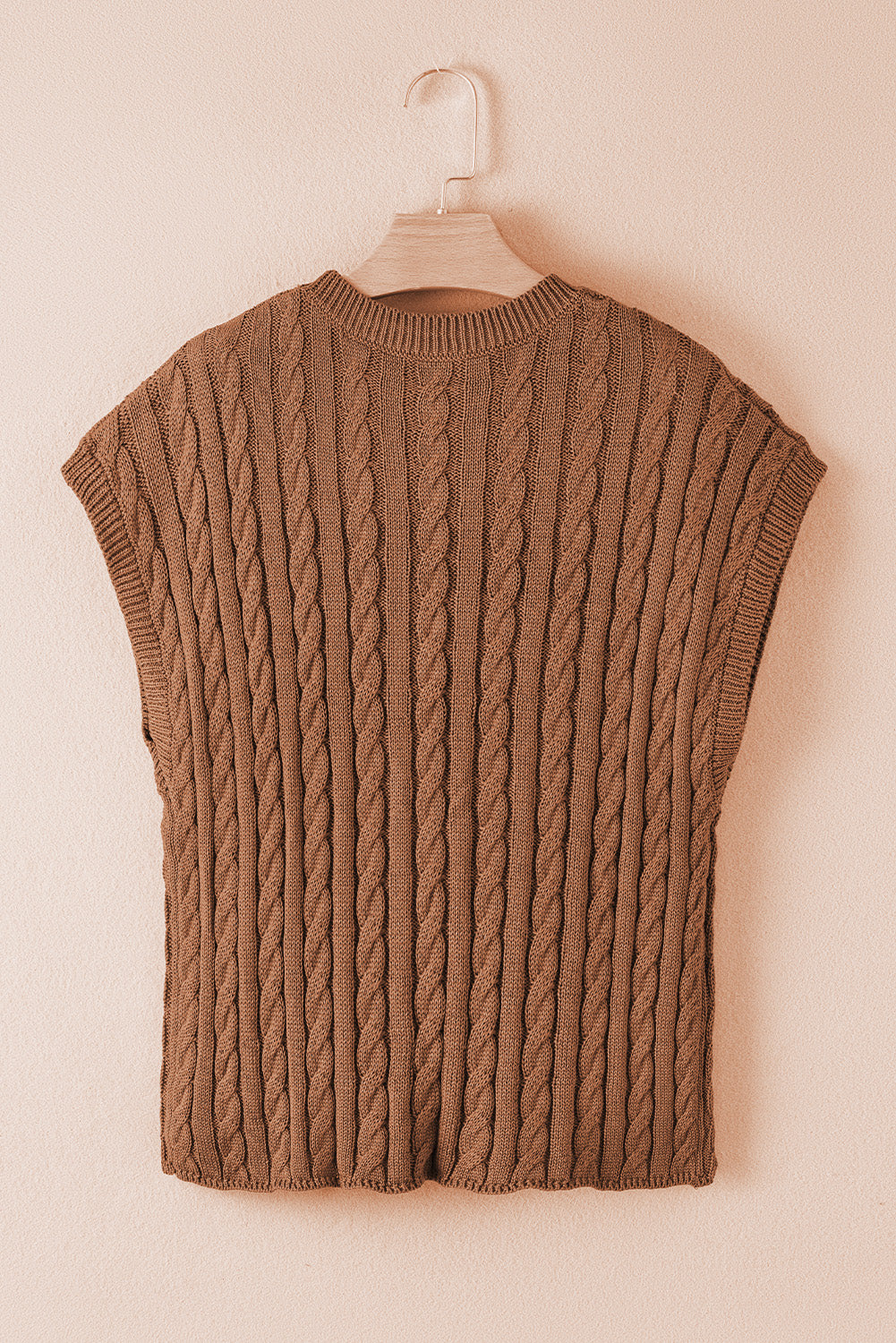 Chestnut Crew Neck Cable Knit Short Sleeve Sweater