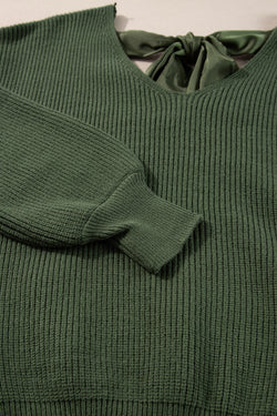 Jungle green sweater with lantern sleeves, V-neck, knot at the back