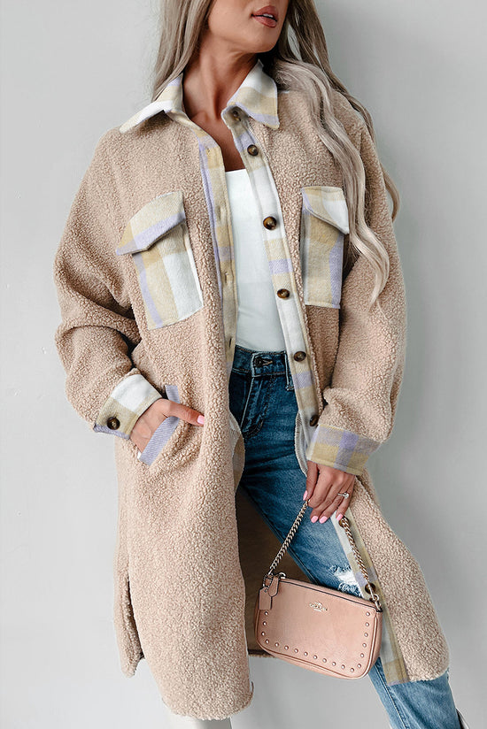 Manteau long sherpa boutonné à col patchwork et carreaux gris fumée