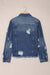 Blue distressed denim jacket with lapels and raw hem buttons