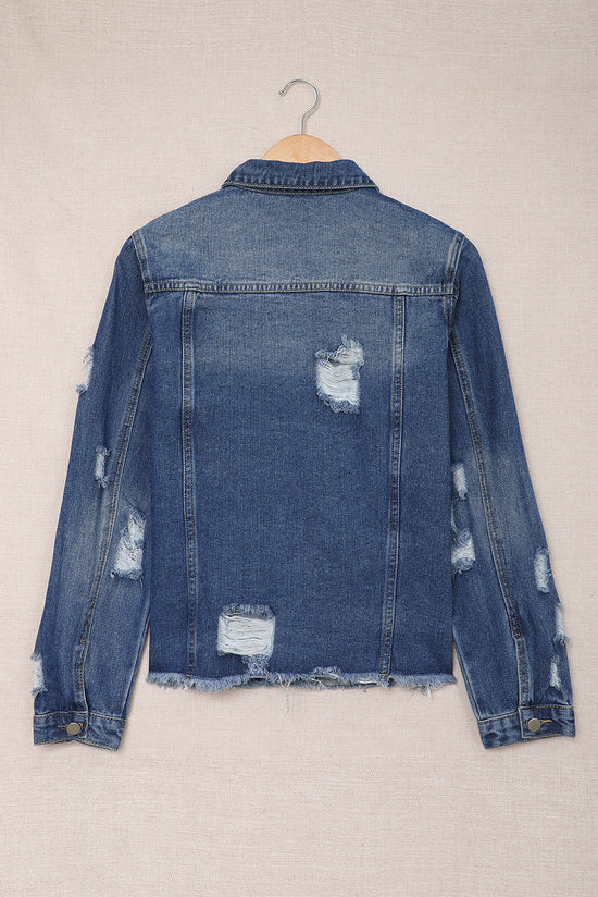 Blue distressed denim jacket with lapels and raw hem buttons