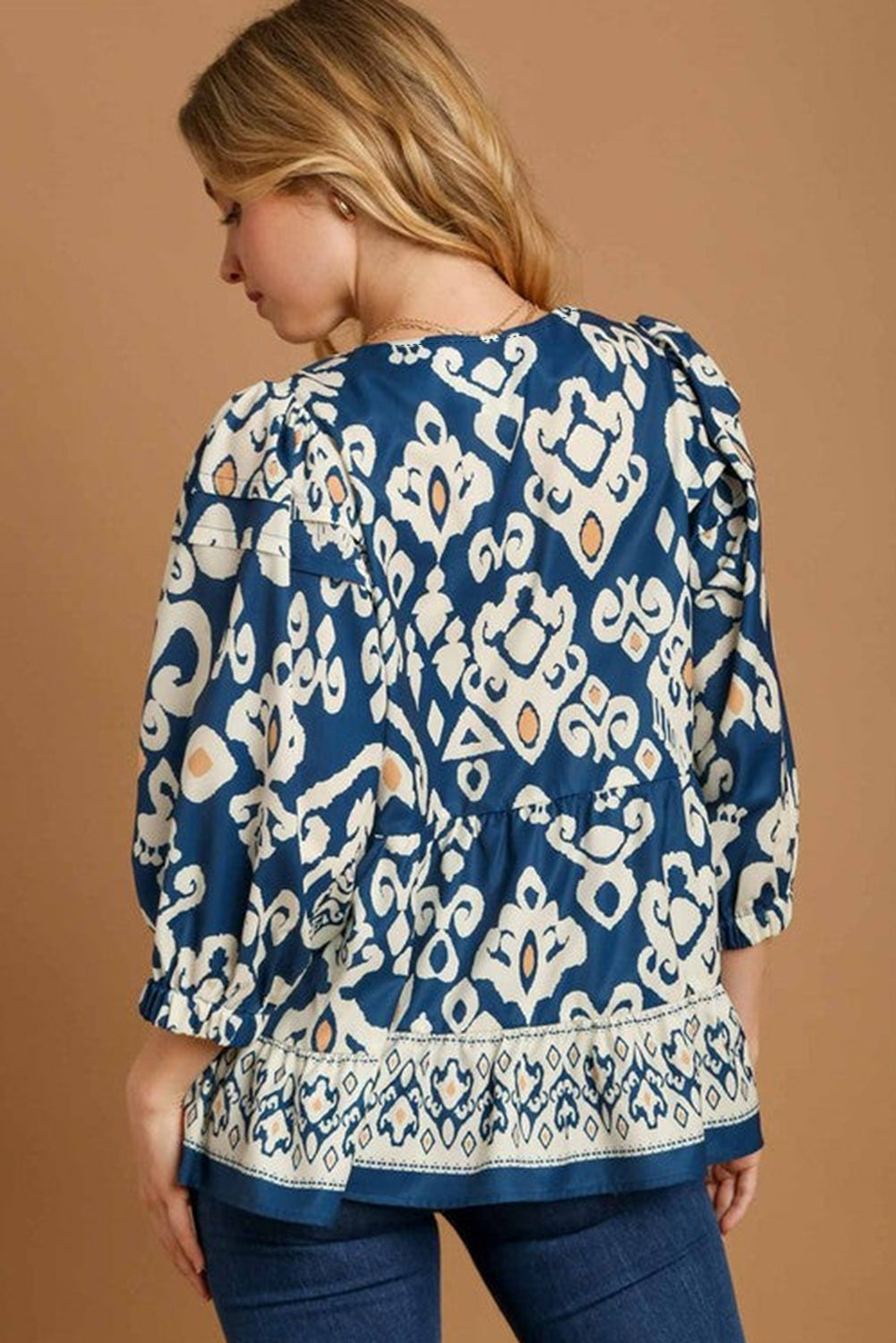 Blue Tribal Geometric Print 3/4 Ärmeln fließende Fitbluse