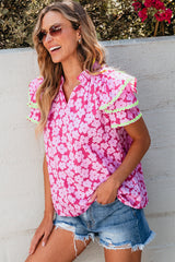 Blouse rose à manches volantées superposées Ric Rac contrastée à fleurs-A WOMAN WE LOVE