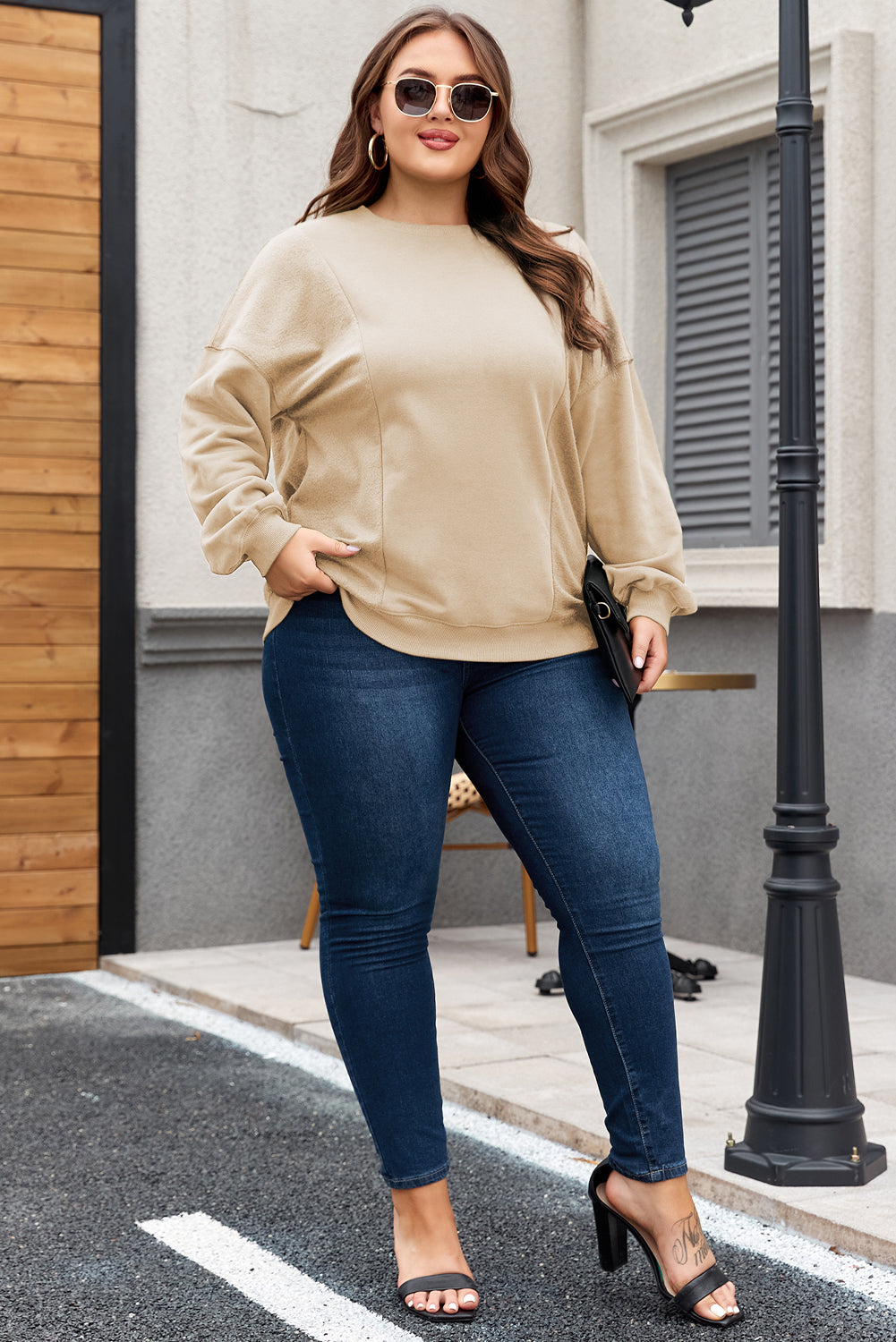 Plus Size Loose Crew Neck Patchwork Sweatshirt Apricot