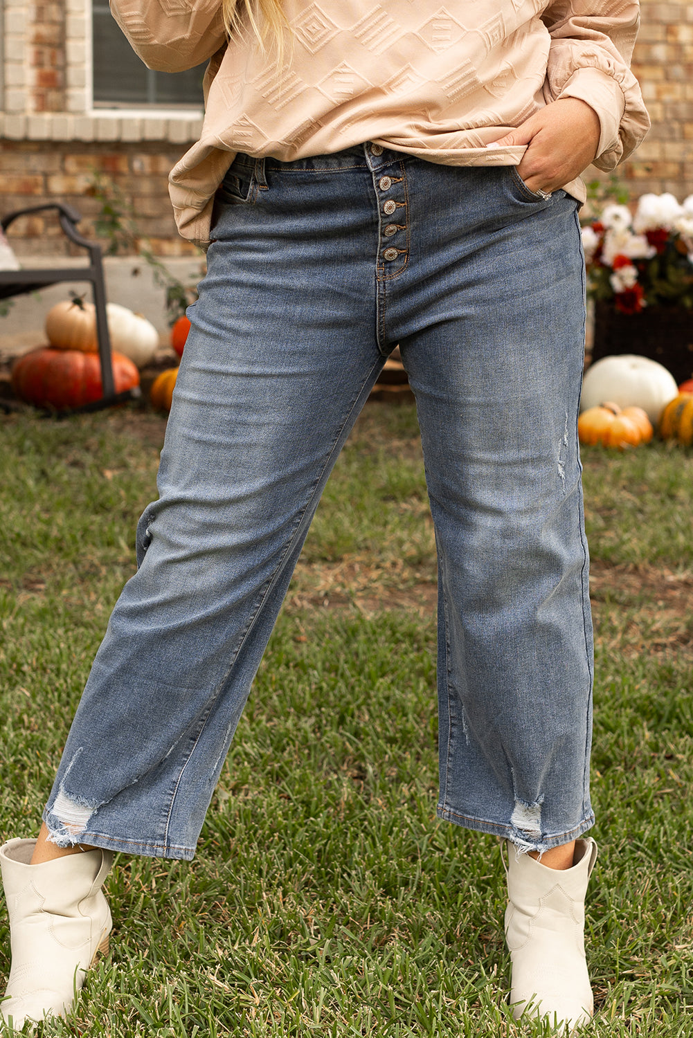 Plus Size Mid Grey Straight Leg Ripped High Waisted Jeans with Button Fly