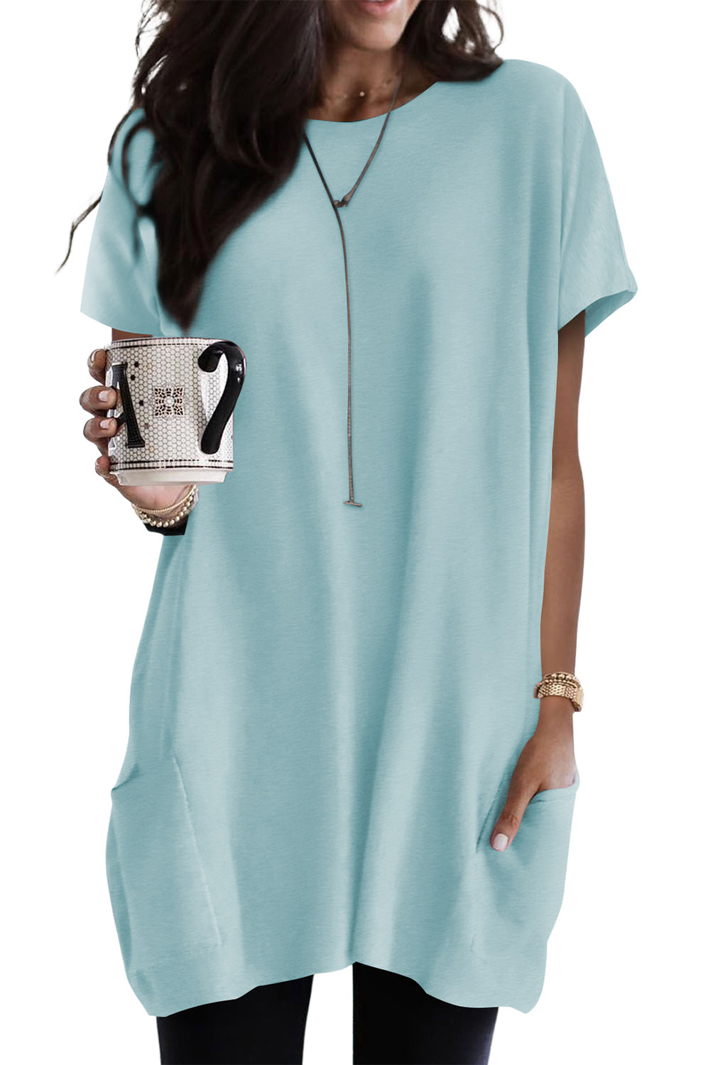 Light Blue Side Pockets Short Sleeve Tunic Top