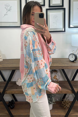 Large shirt tunic in pink striped floral patchwork