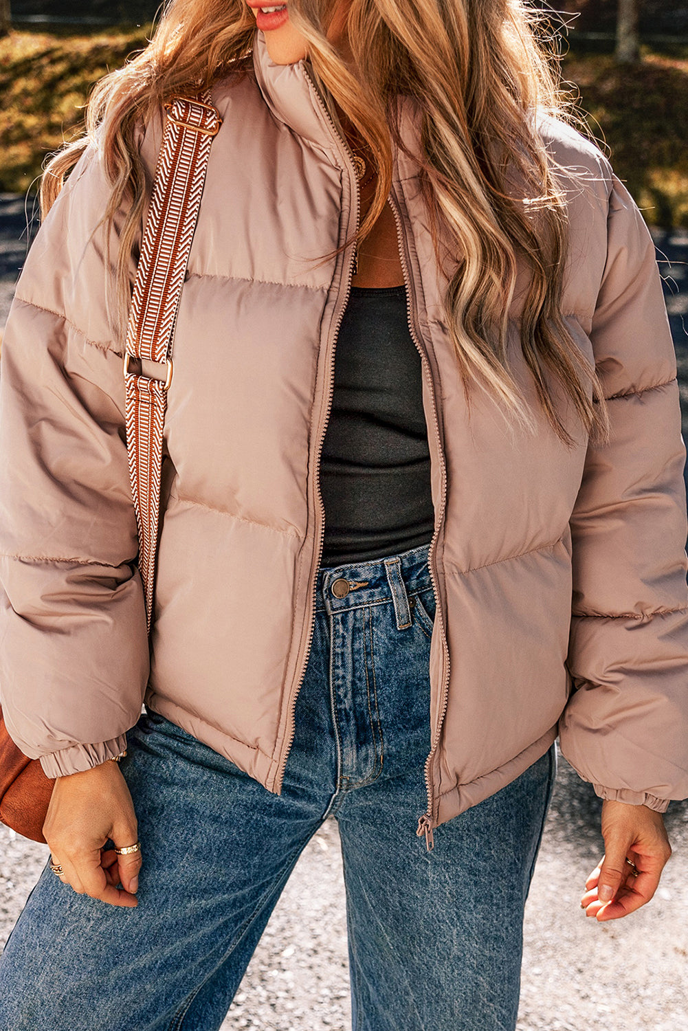 Doudoune matelassée rose abricot avec fermeture éclair complète-A WOMAN WE LOVE